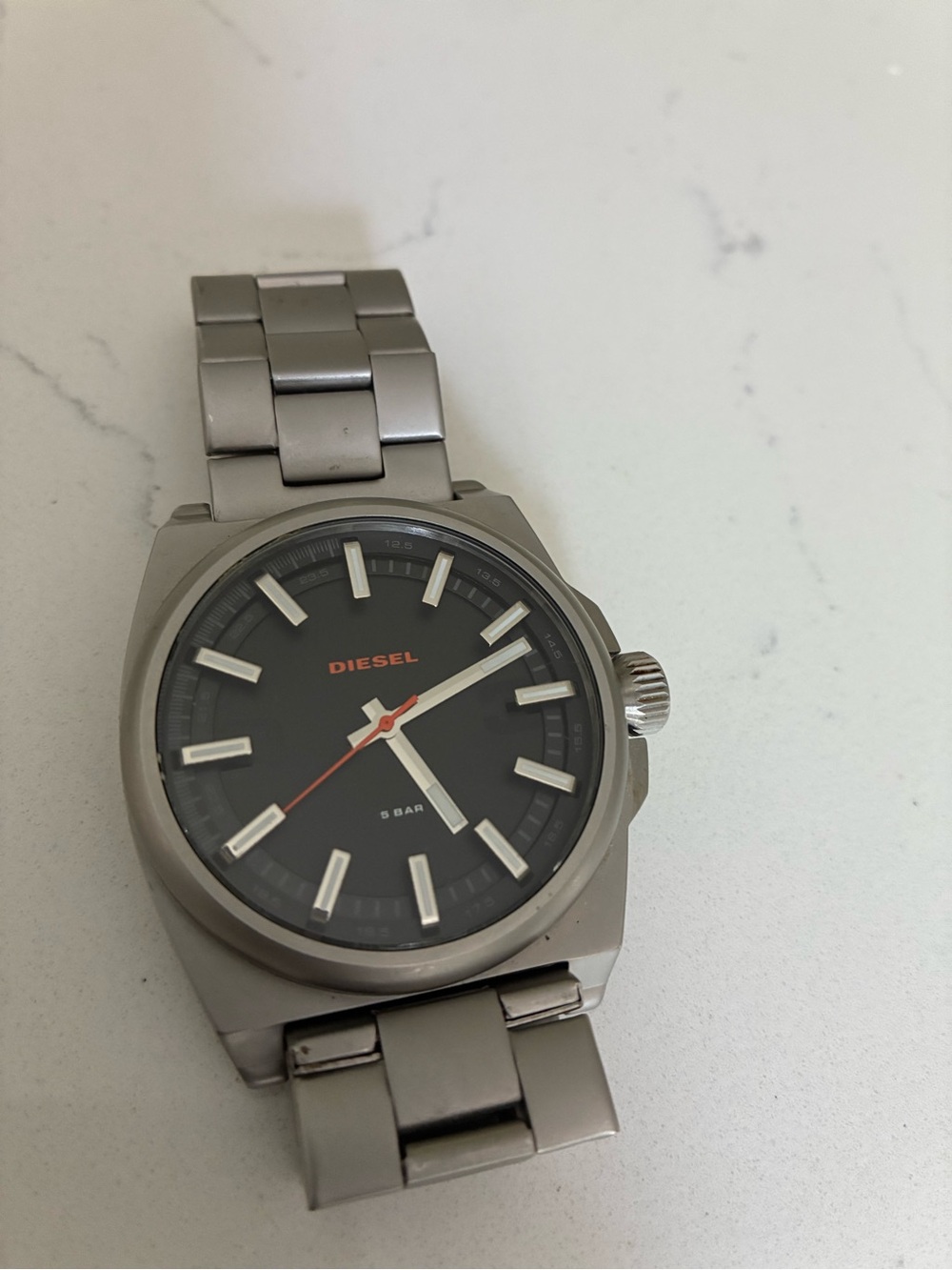 Diesel Silver Bracelet Watch with Black Dial and Orange Accent
